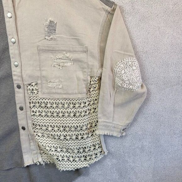 POL Distressed Patchwork Lace Medium Waffle Knit Shacket Gray Boho Jacket NWOT - Picture 4 of 8